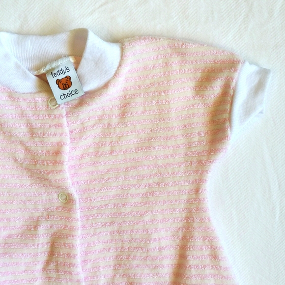 vintage teddy's choice pink & white striped snap terry romper playsuit 3 months - Picture 2 of 4